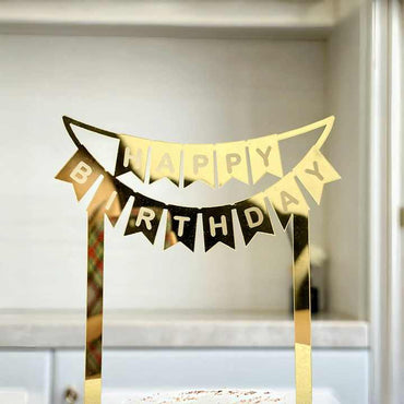 Goldene Happy Birthday Torten Dekoration – Banner Girlande für Geburtstagsfeier & Jubiläum