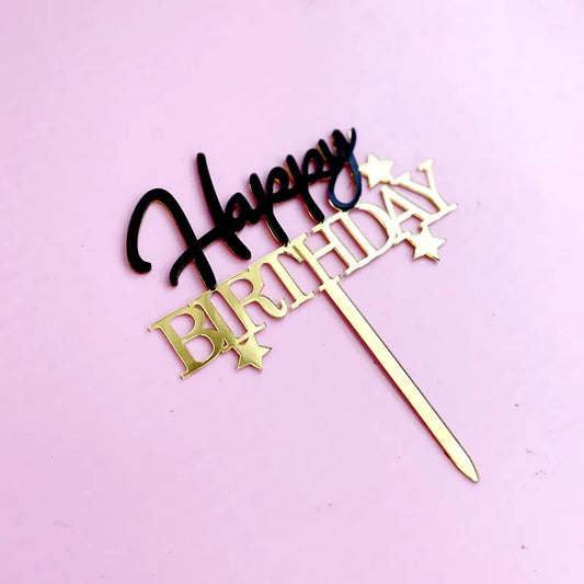 „Happy Birthday“ Caketopper – Schwarz-Gold mit Sternen für moderne Tortendeko