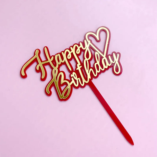„Happy Birthday“ Caketopper – Rot-Gold mit Herzdesign für festliche Torten