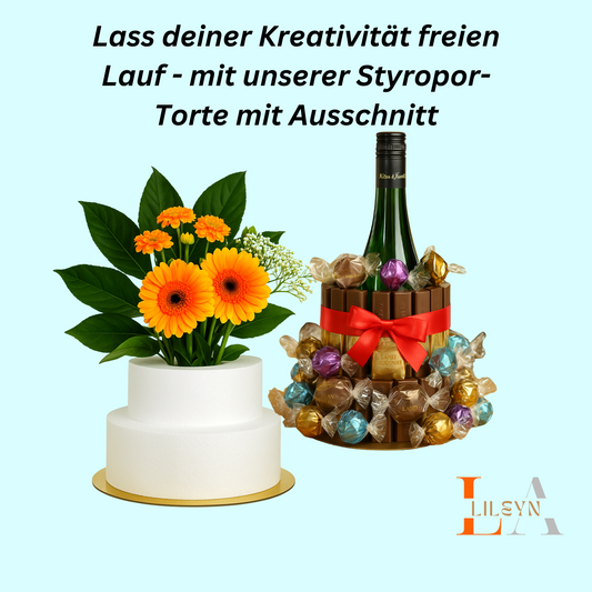 Styropor Torte 2-stöckig mit Ausschnitt – Ø 25/22/16,5 cm – 16 cm hoch – für Flaschen oder Blumen – LA LILEYN – Made in Germany