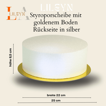 Styroporscheibe mit goldenem Boden – Ø 25/22 cm – 8,5 cm Höhe – Deko-Tortendummy von LA LILEYN