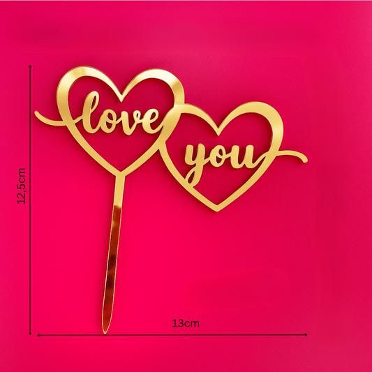 „Love You“ Caketopper – Doppelherz aus Acryl in goldener Spiegeloptik