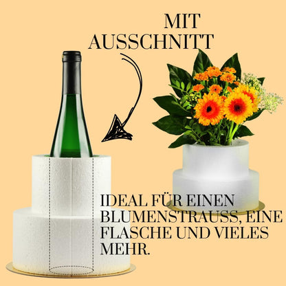 Styropor-Torte 2-stöckig mit Ø 8,5 cm Aussparung für Flaschen, Blumen & mehr – inkl. doppelseitigem Klebeband & goldenem Boden – ideal zum Basteln & als kreatives Geschenk!