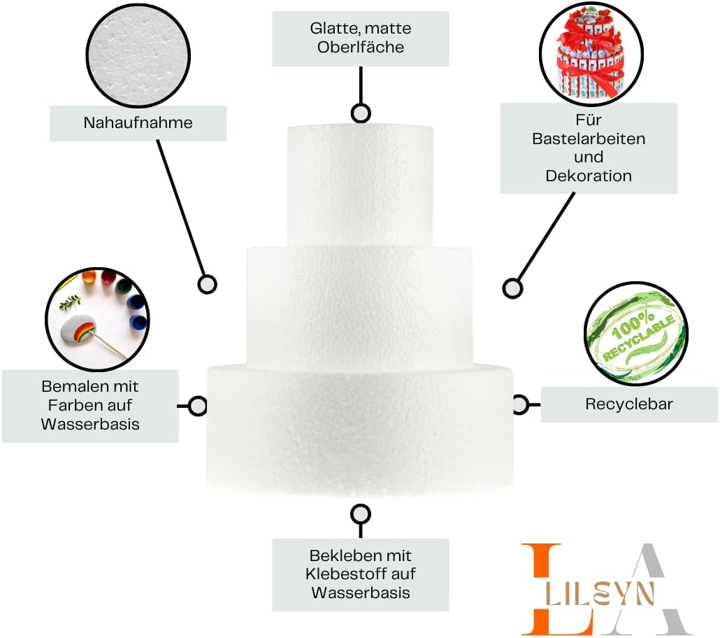 Styropor Torte 3-stöckig – Ø 22/16/10,5 cm – 25,5 cm hoch – Tortendummy mit Klebeband – LA LILEYN – Made in Germany