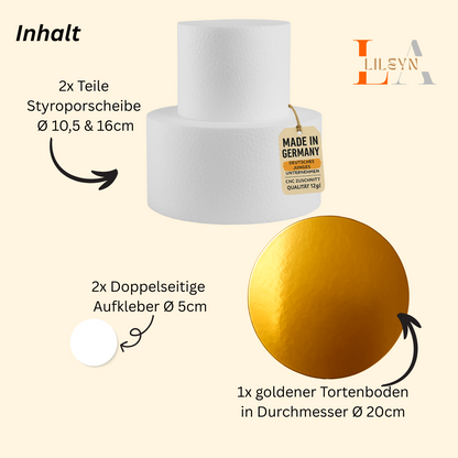 GR - Styropor Torte 2-stöckig – Ø 16 & 10,5 cm mit goldenem Boden
