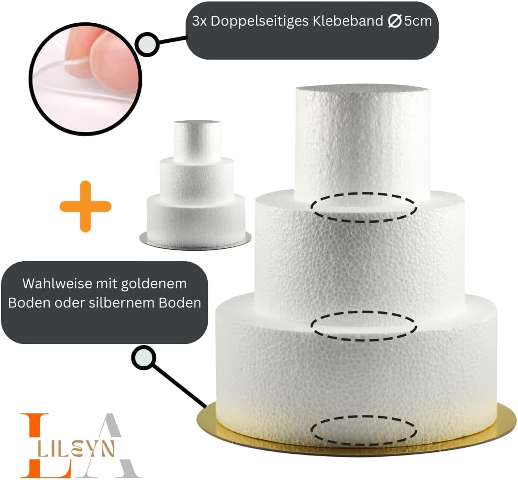 3-stöckige Styroportorte Ø 25 cm mit gold/silber Boden & Klebeband. Ideal für Deko, Basteln & Tortendummies – CNC-Schnitt – Made in Germany.