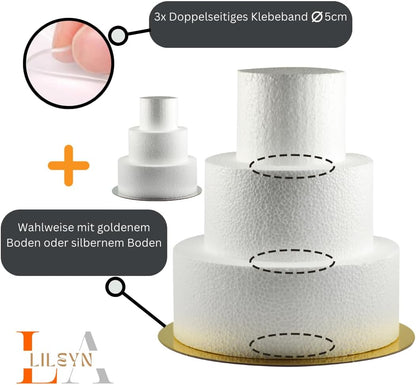 3-stöckige Styroportorte Ø 25 cm mit gold/silber Boden & Klebeband. Ideal für Deko, Basteln & Tortendummies – CNC-Schnitt – Made in Germany.