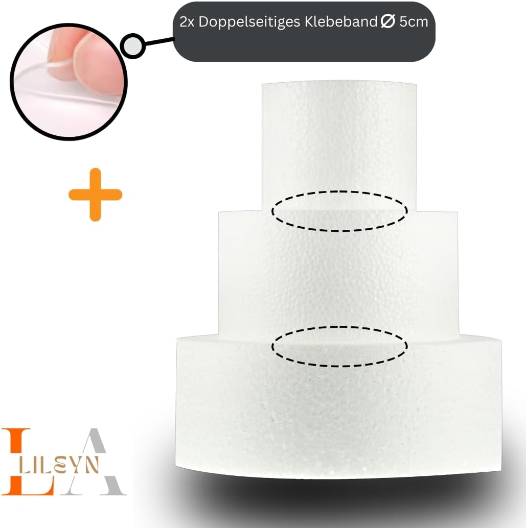 Styropor Torte 3-stöckig – Ø 22/16/10,5 cm – 25,5 cm hoch – Tortendummy mit Klebeband – LA LILEYN – Made in Germany