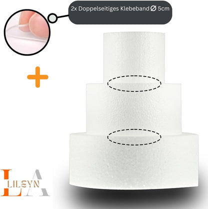 Styropor Torte 3-stöckig – Ø 22/16/10,5 cm – 25,5 cm hoch – Tortendummy mit Klebeband – LA LILEYN – Made in Germany