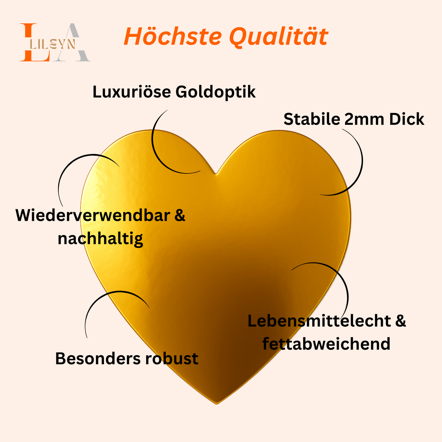 Goldener Tortenboden Herzform – 5er Set – 2 mm Stärke